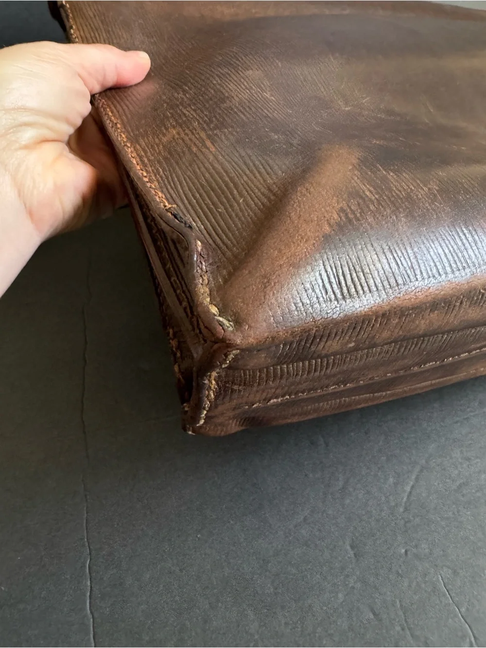 Vintage 1940s Briefcase French Attaché Case Dark Brown Ribbed Distressed Leather